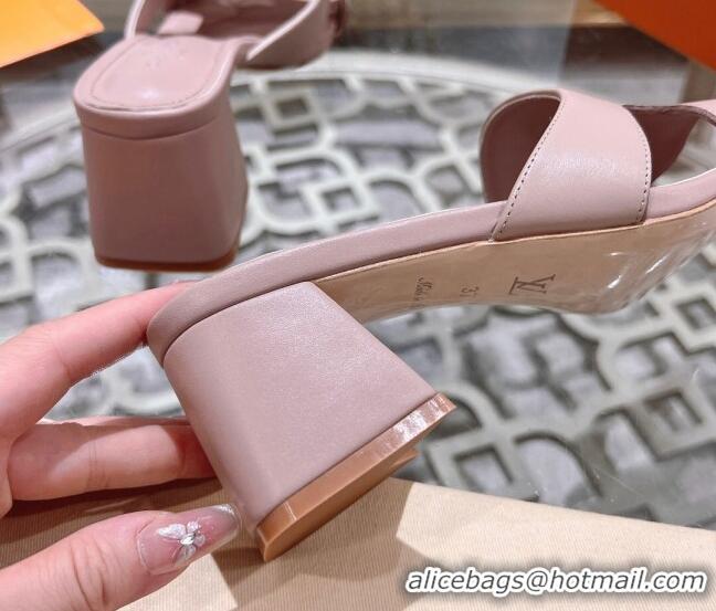 Durable Louis Vuitton Isola Leather Heel Slide Sandals 5.5cm with LV Patch Light Pink 06102