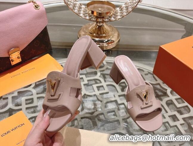 Durable Louis Vuitton Isola Leather Heel Slide Sandals 5.5cm with LV Patch Light Pink 06102