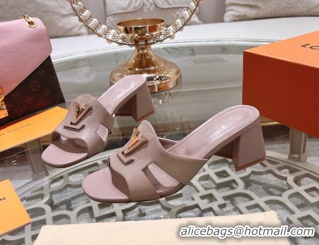 Durable Louis Vuitton Isola Leather Heel Slide Sandals 5.5cm with LV Patch Light Pink 06102