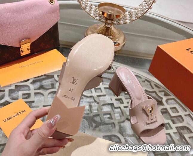 Durable Louis Vuitton Isola Leather Heel Slide Sandals 5.5cm with LV Patch Light Pink 06102