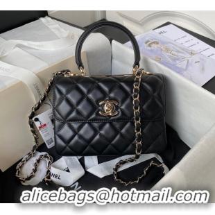 Shop Grade Chanel Trendy CC Quilted Lambskin Mini Flap Bag with Top handle and Metal-Tone Band AS4654 Black