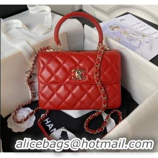 Inexpensive Chanel Trendy CC Quilted Lambskin Mini Flap Bag with Top handle and Metal-Tone Band AS4654 Bright Red