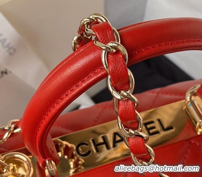 Inexpensive Chanel Trendy CC Quilted Lambskin Mini Flap Bag with Top handle and Metal-Tone Band AS4654 Bright Red