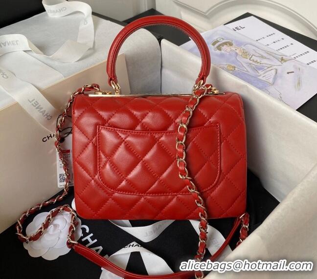 Inexpensive Chanel Trendy CC Quilted Lambskin Mini Flap Bag with Top handle and Metal-Tone Band AS4654 Bright Red