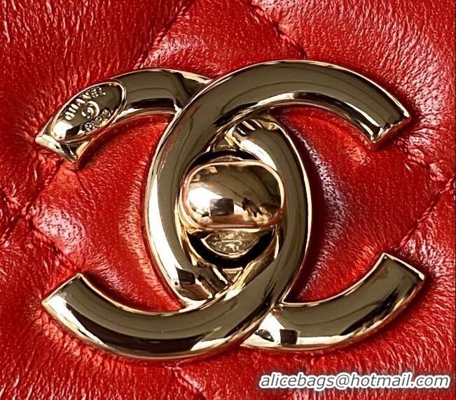 Inexpensive Chanel Trendy CC Quilted Lambskin Mini Flap Bag with Top handle and Metal-Tone Band AS4654 Bright Red