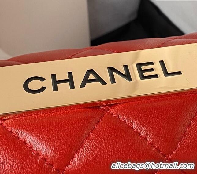 Inexpensive Chanel Trendy CC Quilted Lambskin Mini Flap Bag with Top handle and Metal-Tone Band AS4654 Bright Red