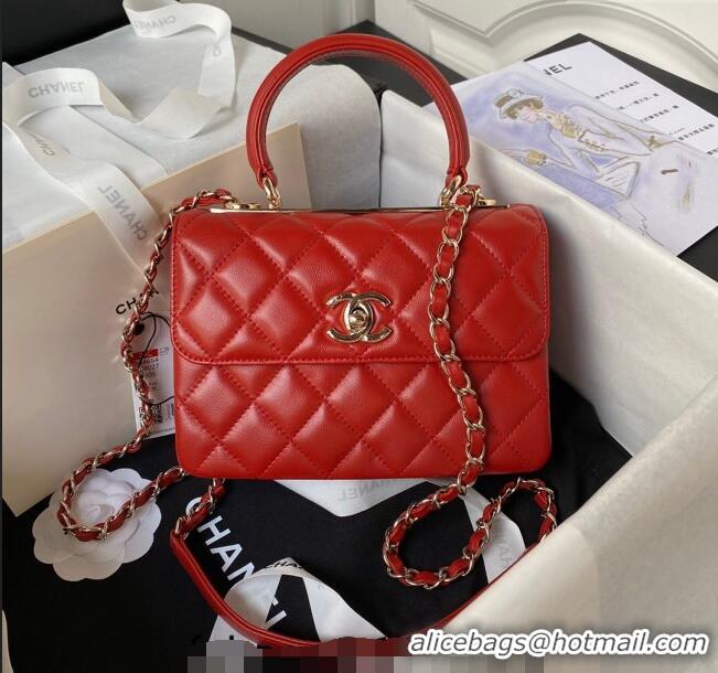 Inexpensive Chanel Trendy CC Quilted Lambskin Mini Flap Bag with Top handle and Metal-Tone Band AS4654 Bright Red