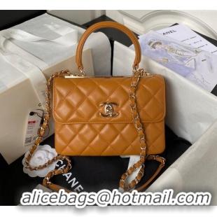 Best Price Chanel Trendy CC Quilted Lambskin Mini Flap Bag with Top handle and Metal-Tone Band AS4654 Light Brown