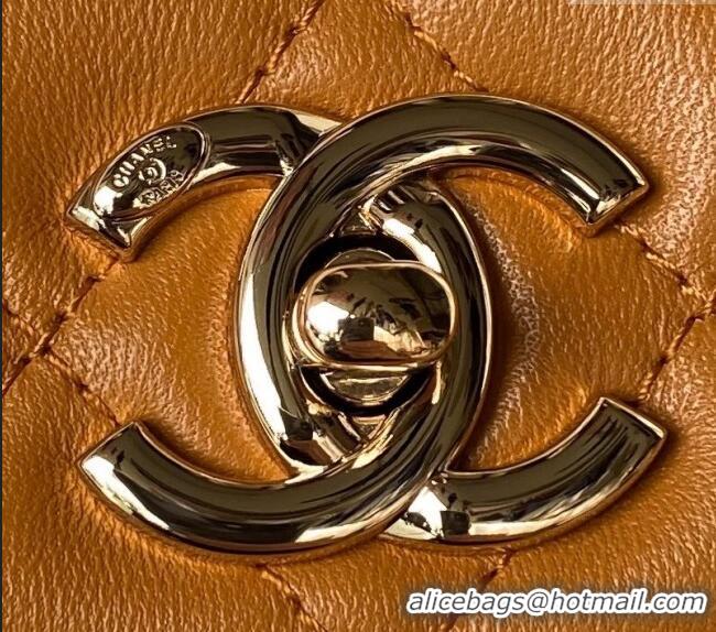 Best Price Chanel Trendy CC Quilted Lambskin Mini Flap Bag with Top handle and Metal-Tone Band AS4654 Light Brown