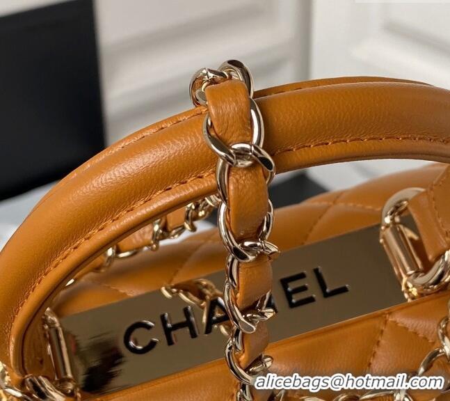 Best Price Chanel Trendy CC Quilted Lambskin Mini Flap Bag with Top handle and Metal-Tone Band AS4654 Light Brown