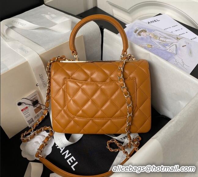 Best Price Chanel Trendy CC Quilted Lambskin Mini Flap Bag with Top handle and Metal-Tone Band AS4654 Light Brown