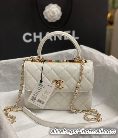 Best Quality Chanel Trendy CC Quilted Lambskin Mini Flap Bag with Top handle and Metal-Tone Band AS4654 White/Multicolor