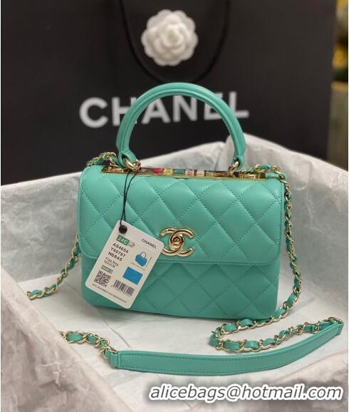 Top Quality Chanel Trendy CC Quilted Lambskin Mini Flap Bag with Top handle and Metal-Tone Band AS4654 Light Green/Multi