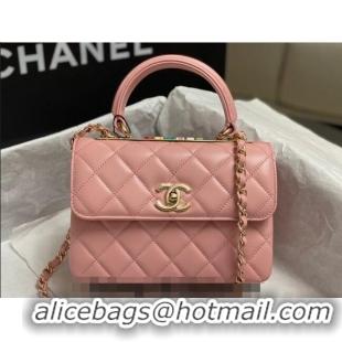 Promotional Chanel Trendy CC Quilted Lambskin Mini Flap Bag with Top handle and Metal-Tone Band AS4654 Light Pink