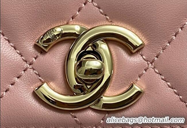 Promotional Chanel Trendy CC Quilted Lambskin Mini Flap Bag with Top handle and Metal-Tone Band AS4654 Light Pink