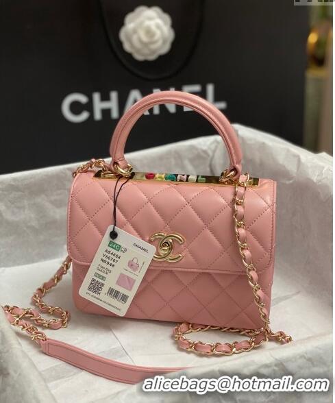 Promotional Chanel Trendy CC Quilted Lambskin Mini Flap Bag with Top handle and Metal-Tone Band AS4654 Light Pink