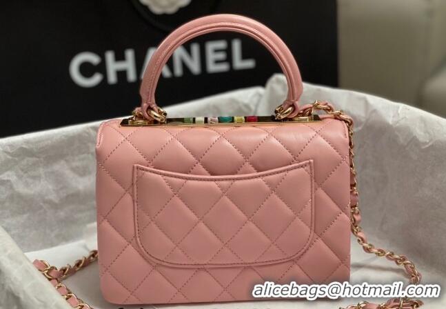 Promotional Chanel Trendy CC Quilted Lambskin Mini Flap Bag with Top handle and Metal-Tone Band AS4654 Light Pink