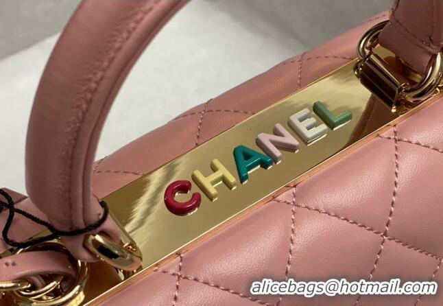 Promotional Chanel Trendy CC Quilted Lambskin Mini Flap Bag with Top handle and Metal-Tone Band AS4654 Light Pink