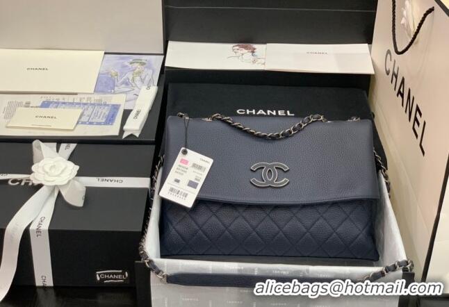 Free Shipping Chanel Grained Calfskin Flap Bag A8095 Dark Blue 2023