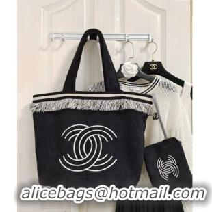 Low Cost Chanel Towel Cloth Beach Tote Bag with Fringe 1226 Black