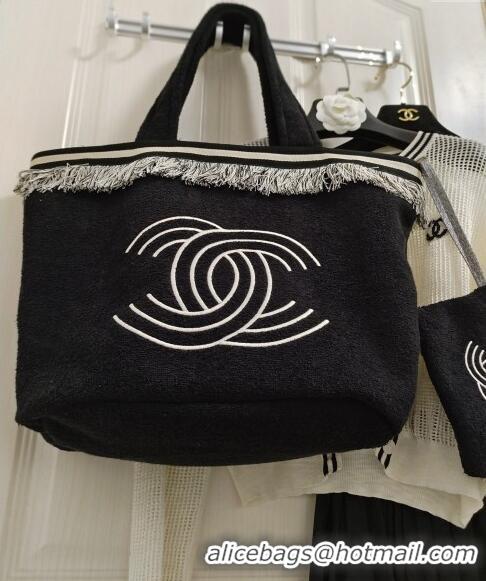 Low Cost Chanel Towel Cloth Beach Tote Bag with Fringe 1226 Black