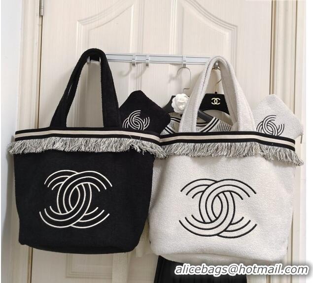 Low Cost Chanel Towel Cloth Beach Tote Bag with Fringe 1226 Black