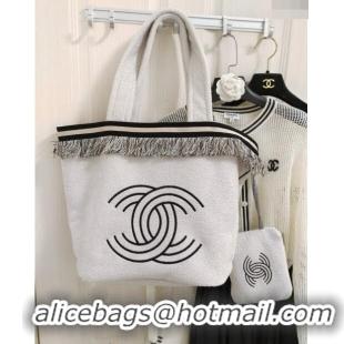 Super Quality Chanel Towel Cloth Beach Tote Bag with Fringe 1226 Light Grey