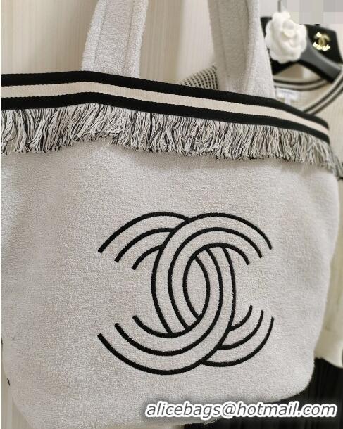 Super Quality Chanel Towel Cloth Beach Tote Bag with Fringe 1226 Light Grey