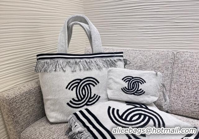 Super Quality Chanel Towel Cloth Beach Tote Bag with Fringe 1226 Light Grey