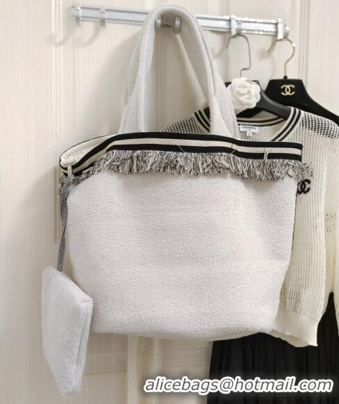 Super Quality Chanel Towel Cloth Beach Tote Bag with Fringe 1226 Light Grey