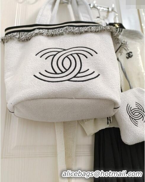 Super Quality Chanel Towel Cloth Beach Tote Bag with Fringe 1226 Light Grey