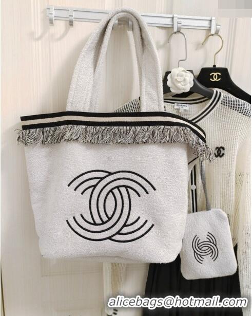 Super Quality Chanel Towel Cloth Beach Tote Bag with Fringe 1226 Light Grey