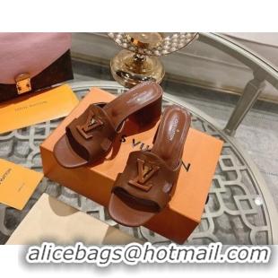 Pretty Style Louis Vuitton Isola Leather Heel Slide Sandals 5.5cm with LV Patch Brown 606103