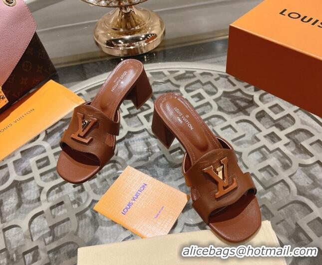 Pretty Style Louis Vuitton Isola Leather Heel Slide Sandals 5.5cm with LV Patch Brown 606103