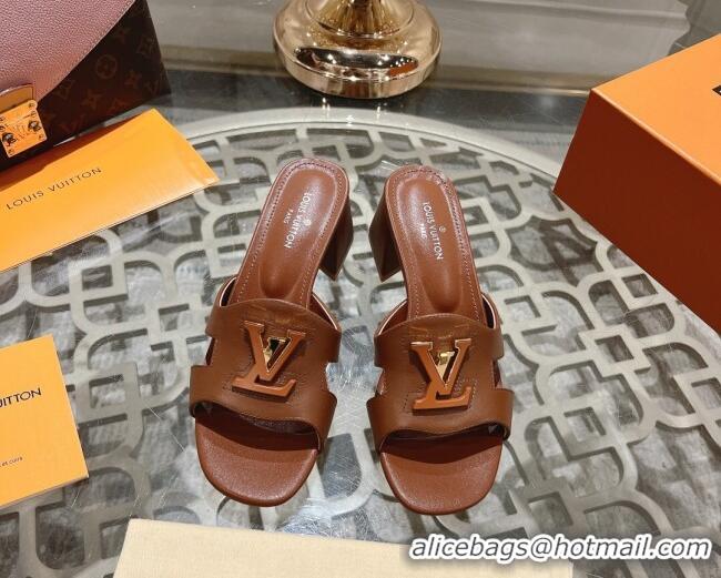 Pretty Style Louis Vuitton Isola Leather Heel Slide Sandals 5.5cm with LV Patch Brown 606103