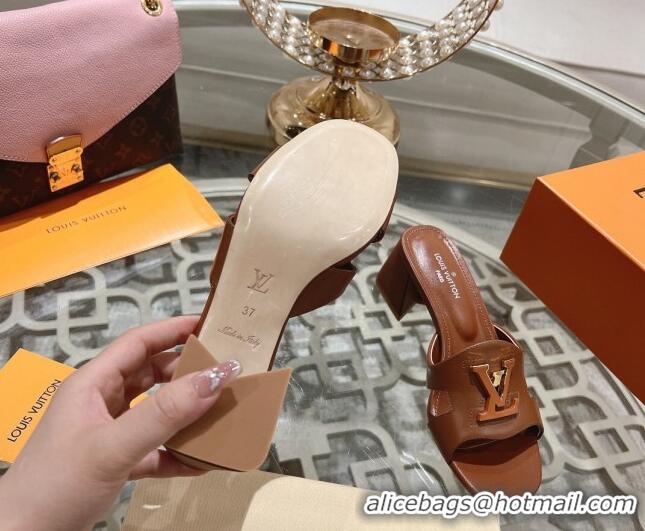 Pretty Style Louis Vuitton Isola Leather Heel Slide Sandals 5.5cm with LV Patch Brown 606103