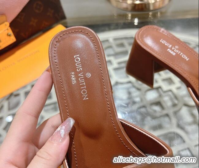 Pretty Style Louis Vuitton Isola Leather Heel Slide Sandals 5.5cm with LV Patch Brown 606103