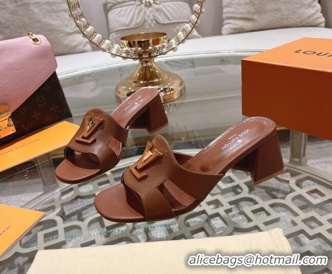 Pretty Style Louis Vuitton Isola Leather Heel Slide Sandals 5.5cm with LV Patch Brown 606103