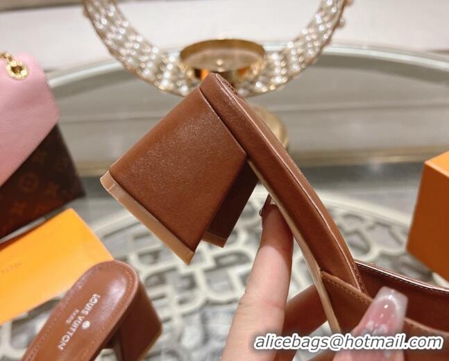 Pretty Style Louis Vuitton Isola Leather Heel Slide Sandals 5.5cm with LV Patch Brown 606103