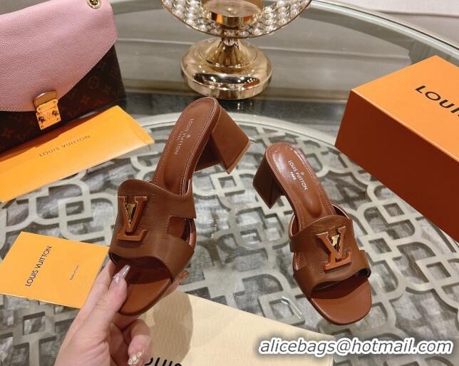 Pretty Style Louis Vuitton Isola Leather Heel Slide Sandals 5.5cm with LV Patch Brown 606103