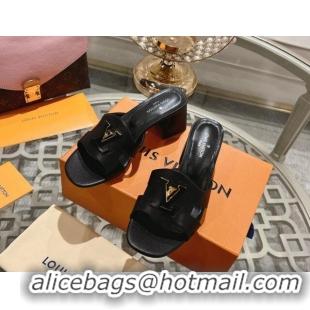 Top Grade Louis Vuitton Isola Leather Heel Slide Sandals 5.5cm with LV Patch Black 606105