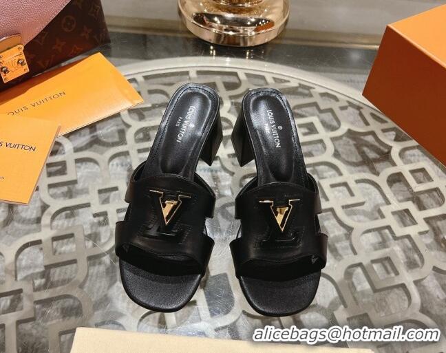 Top Grade Louis Vuitton Isola Leather Heel Slide Sandals 5.5cm with LV Patch Black 606105