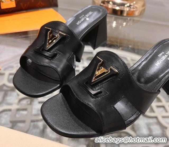 Top Grade Louis Vuitton Isola Leather Heel Slide Sandals 5.5cm with LV Patch Black 606105