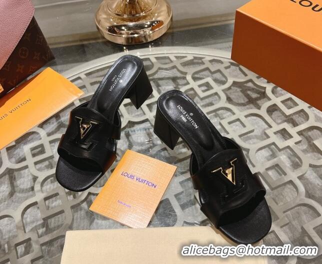 Top Grade Louis Vuitton Isola Leather Heel Slide Sandals 5.5cm with LV Patch Black 606105