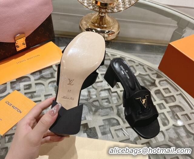 Top Grade Louis Vuitton Isola Leather Heel Slide Sandals 5.5cm with LV Patch Black 606105