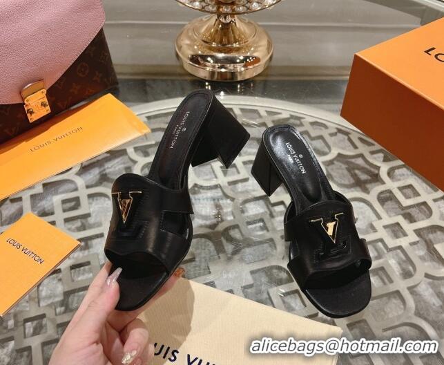 Top Grade Louis Vuitton Isola Leather Heel Slide Sandals 5.5cm with LV Patch Black 606105