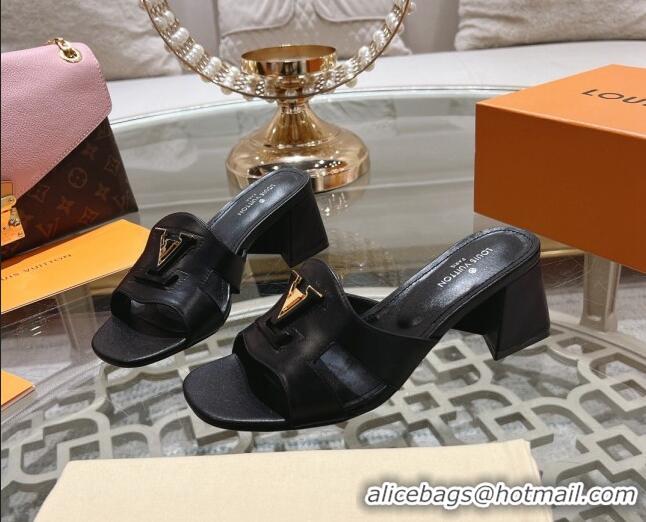 Top Grade Louis Vuitton Isola Leather Heel Slide Sandals 5.5cm with LV Patch Black 606105