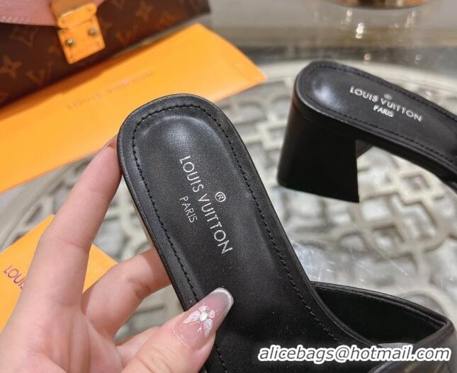 Top Grade Louis Vuitton Isola Leather Heel Slide Sandals 5.5cm with LV Patch Black 606105