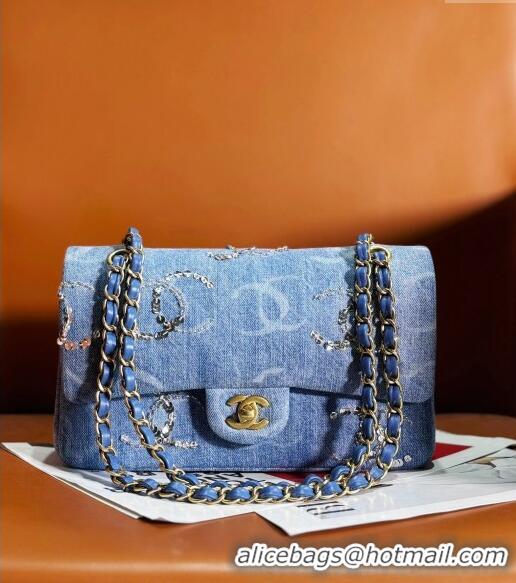 Promotional Chanel Classic Medium Flap Bag in Sequins Embroidered Denim A01112 Blue