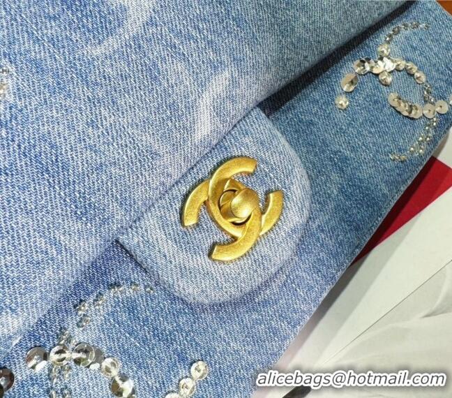 Promotional Chanel Classic Medium Flap Bag in Sequins Embroidered Denim A01112 Blue